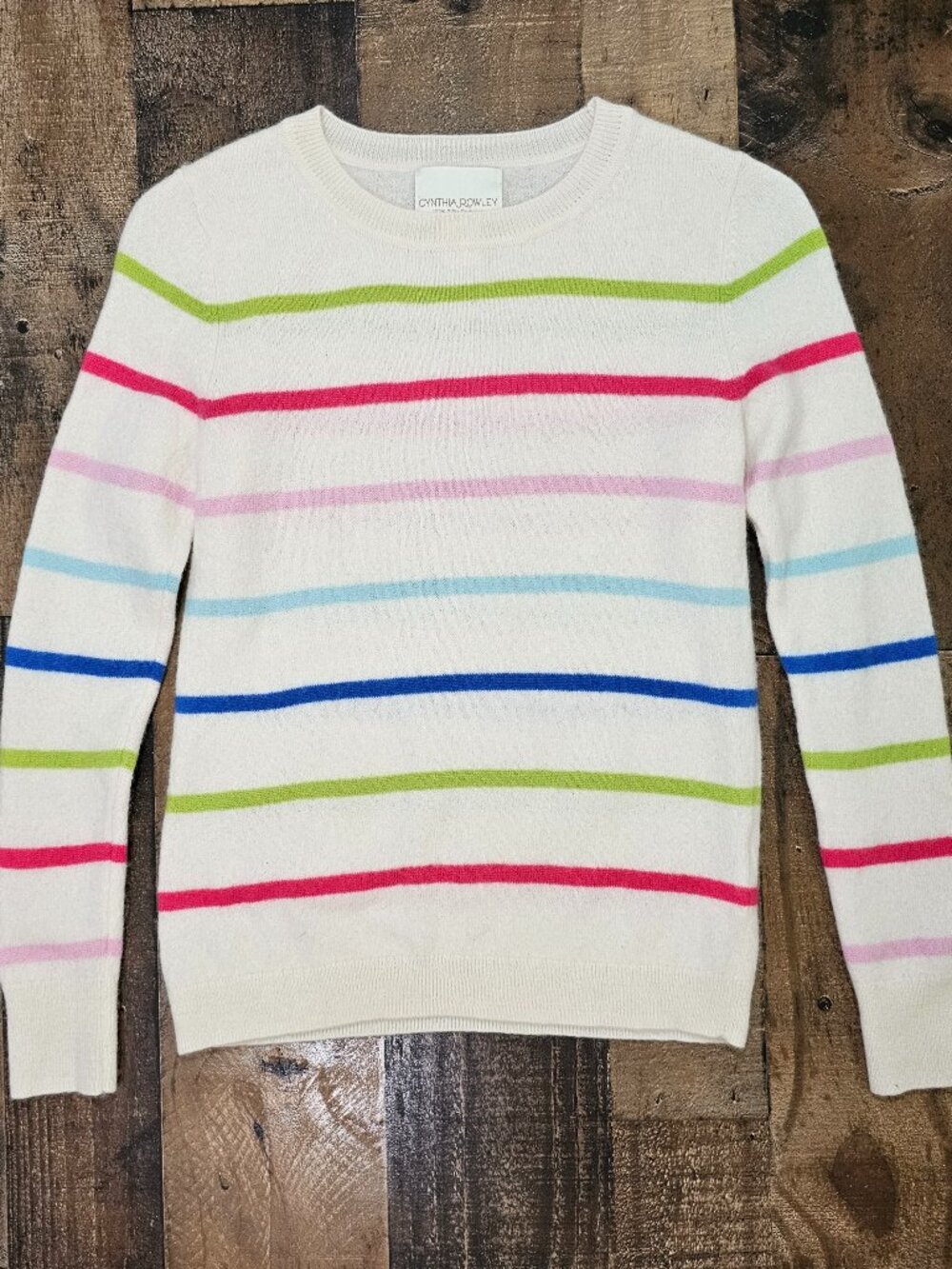 Cynthia Rowley 100% 2 Ply Cashmere White Rainbow Stripe Sweater Womans Small
